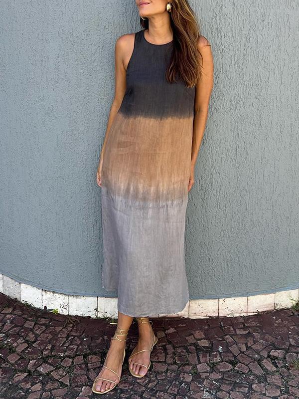 Heidi-Mode | Lange, Ärmellose, Lockere Kleid Aus Baumwolle und Leinen mit Gedämpftem Tie Dye Schlitz für Frauen - Image 2