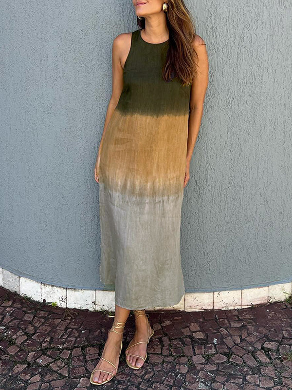 Heidi-Mode | Lange, Ärmellose, Lockere Kleid Aus Baumwolle und Leinen mit Gedämpftem Tie Dye Schlitz für Frauen - Image 4