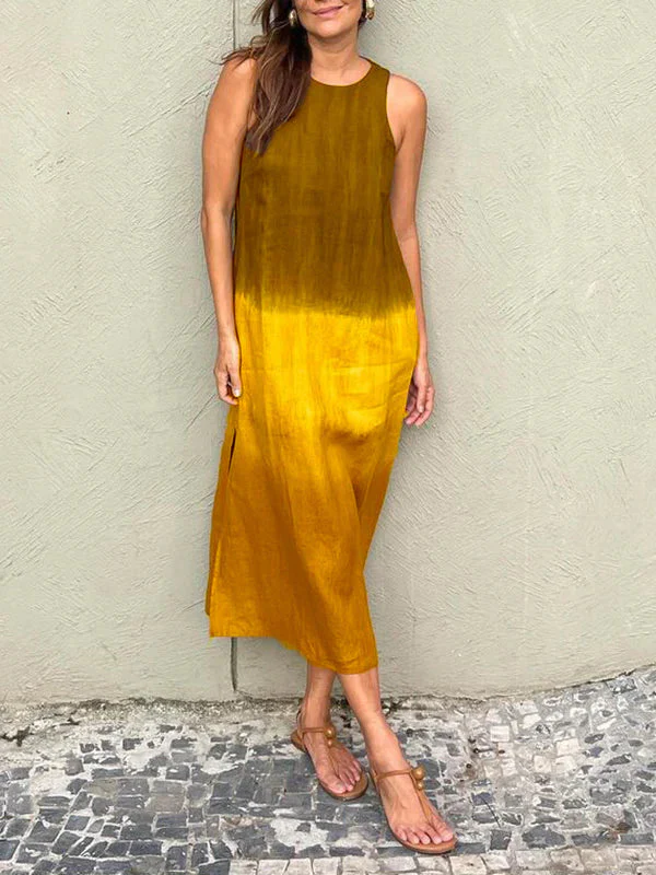 Heidi-Mode | Lange, Ärmellose, Lockere Kleid Aus Baumwolle und Leinen mit Gedämpftem Tie Dye Schlitz für Frauen - Image 6