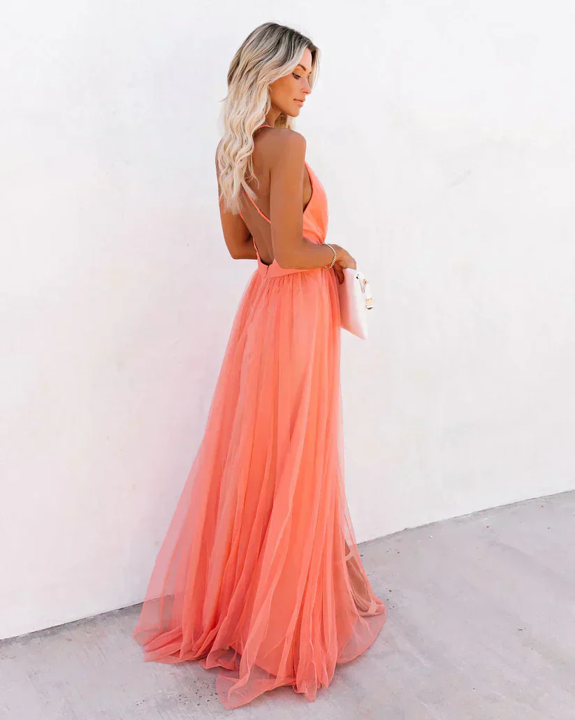 Heidi-Mode | Langes Kleid Tiefer V-Ausschnitt Spaghetti Träger Fließender Leichter Stoff - Image 2