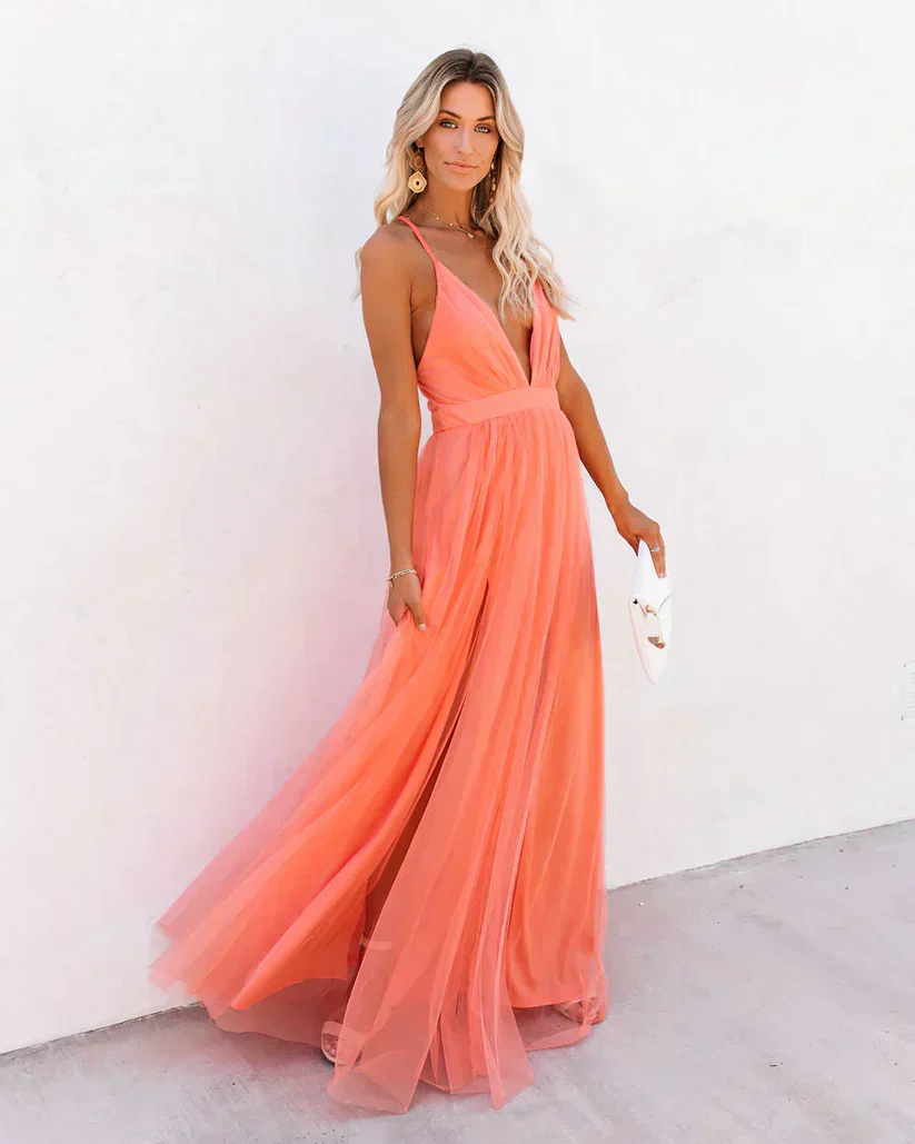 Heidi-Mode | Langes Kleid Tiefer V-Ausschnitt Spaghetti Träger Fließender Leichter Stoff - Image 4