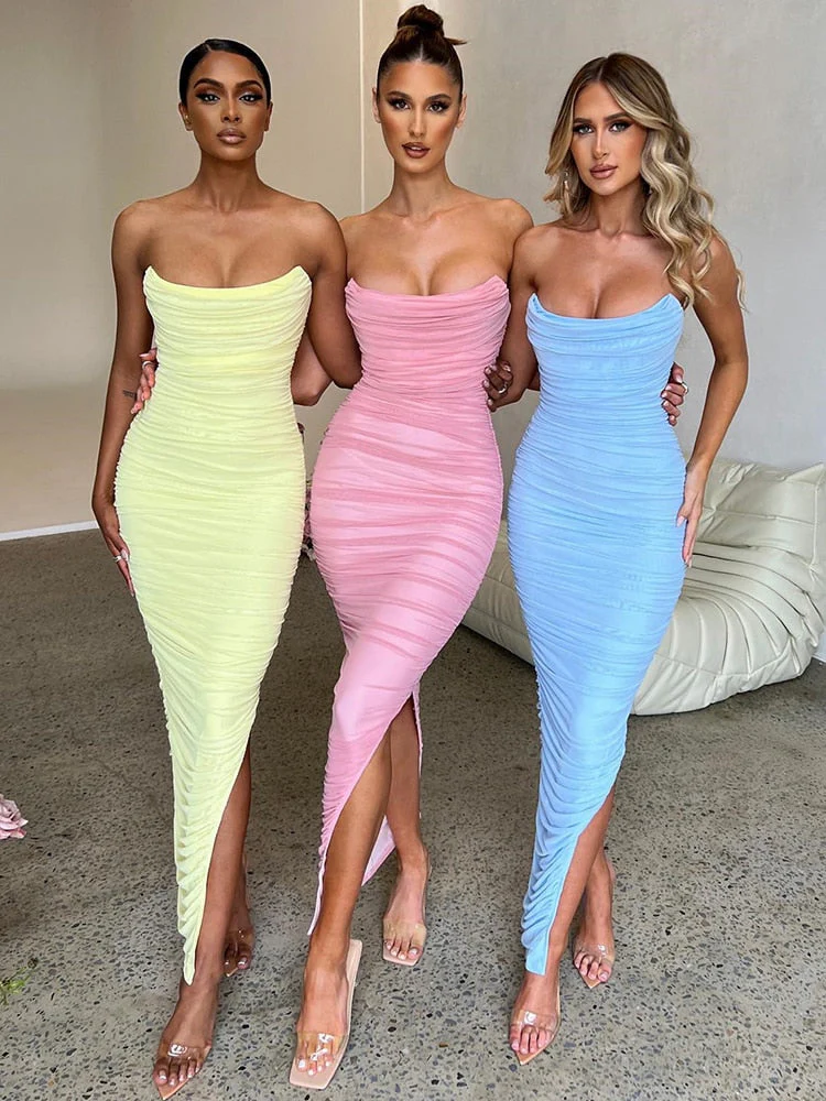 Heidi-Mode | Langes Trägerloses Geripptes Kleid