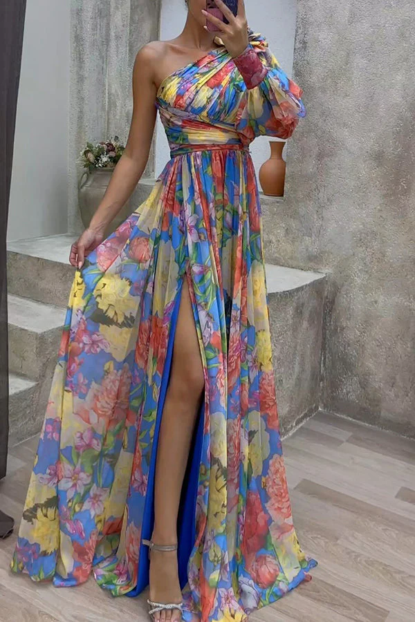 Heidi-Mode | Let'S Elope Floral Print Plissierter Ein Schulter Ärmel Schlitz Maxikleid - Image 5
