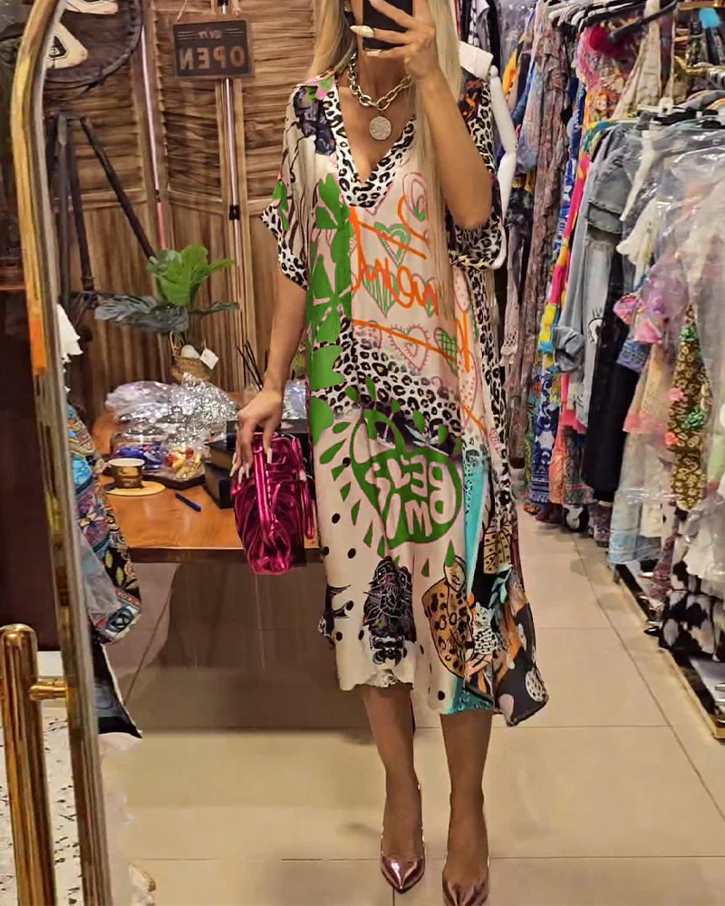 Heidi-Mode | Lässiges Kleid mit Tiefem V-Ausschnitt und Leoparden- und Buntem Aufdruck - Image 15