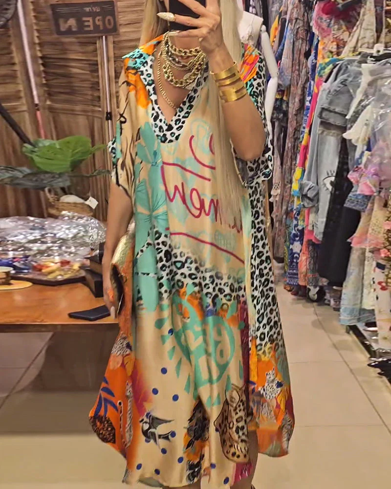 Heidi-Mode | Lässiges Kleid mit Tiefem V-Ausschnitt und Leoparden- und Buntem Aufdruck - Image 9