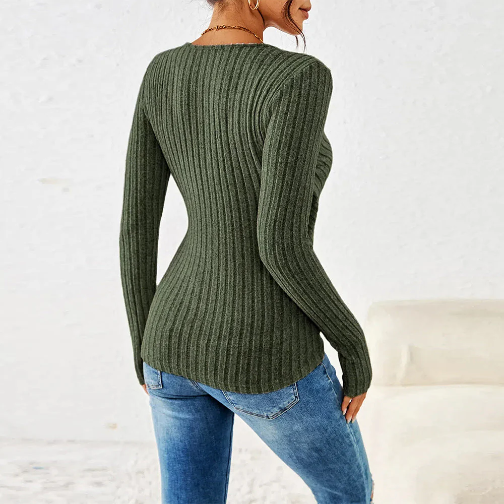 Heidi-Mode | Lässiges, Langärmeliges Damenoberteil mit Schmaler Taille, Einfarbig und V-Ausschnitt - Image 3