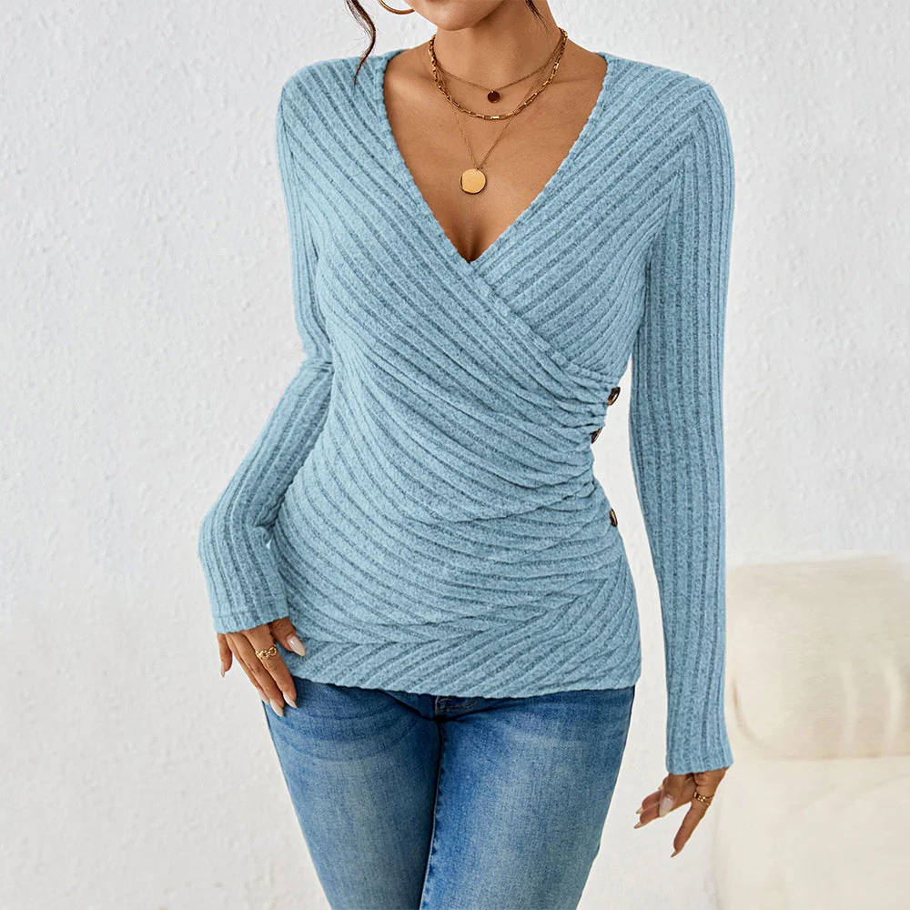 Heidi-Mode | Lässiges, Langärmeliges Damenoberteil mit Schmaler Taille, Einfarbig und V-Ausschnitt - Image 9