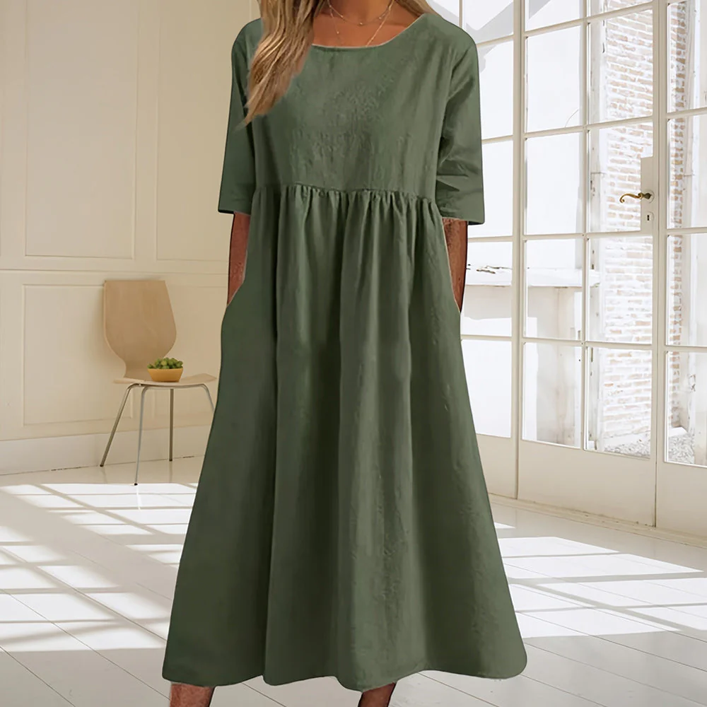 Heidi-Mode | Lässiges, Lockeres Sommerkleid Aus Baumwolle und Leinen mit Rundhalsausschnitt - Image 6