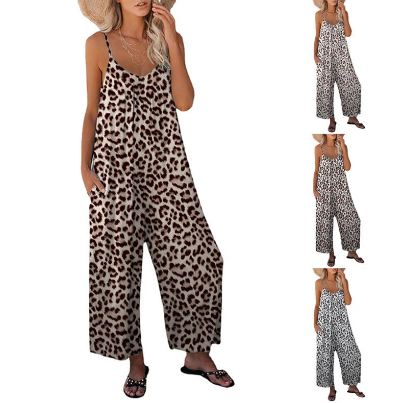 Heidi-Mode | Leopard-Print-Tasche Lockerer Träger Einteiler Overall