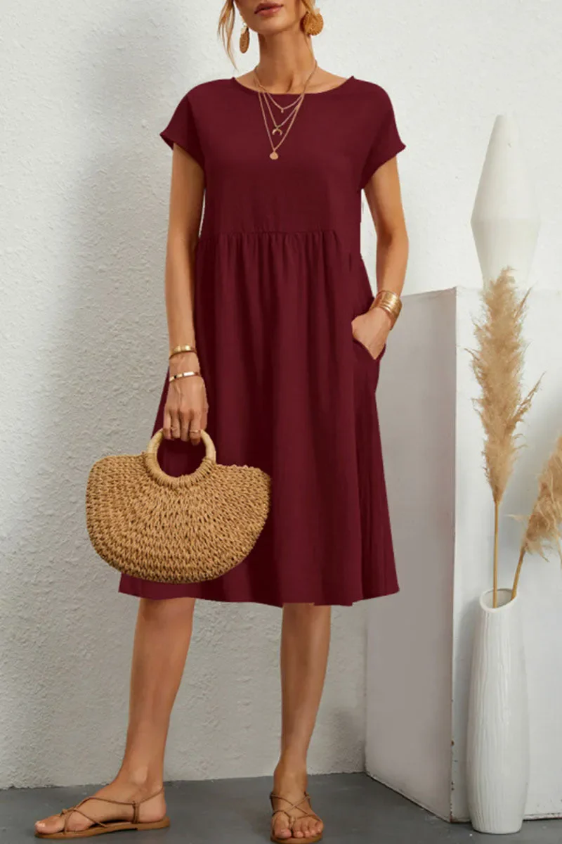 Heidi-Mode | Schickes Kurzärmliges Kleid mit Rundhalsausschnitt Aus Einfarbigem Patchwork - Image 10