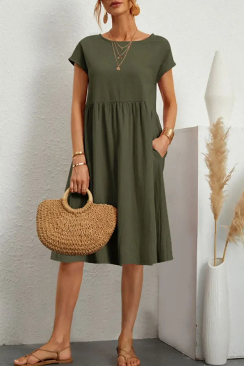 Heidi-Mode | Schickes Kurzärmliges Kleid mit Rundhalsausschnitt Aus Einfarbigem Patchwork - Image 12
