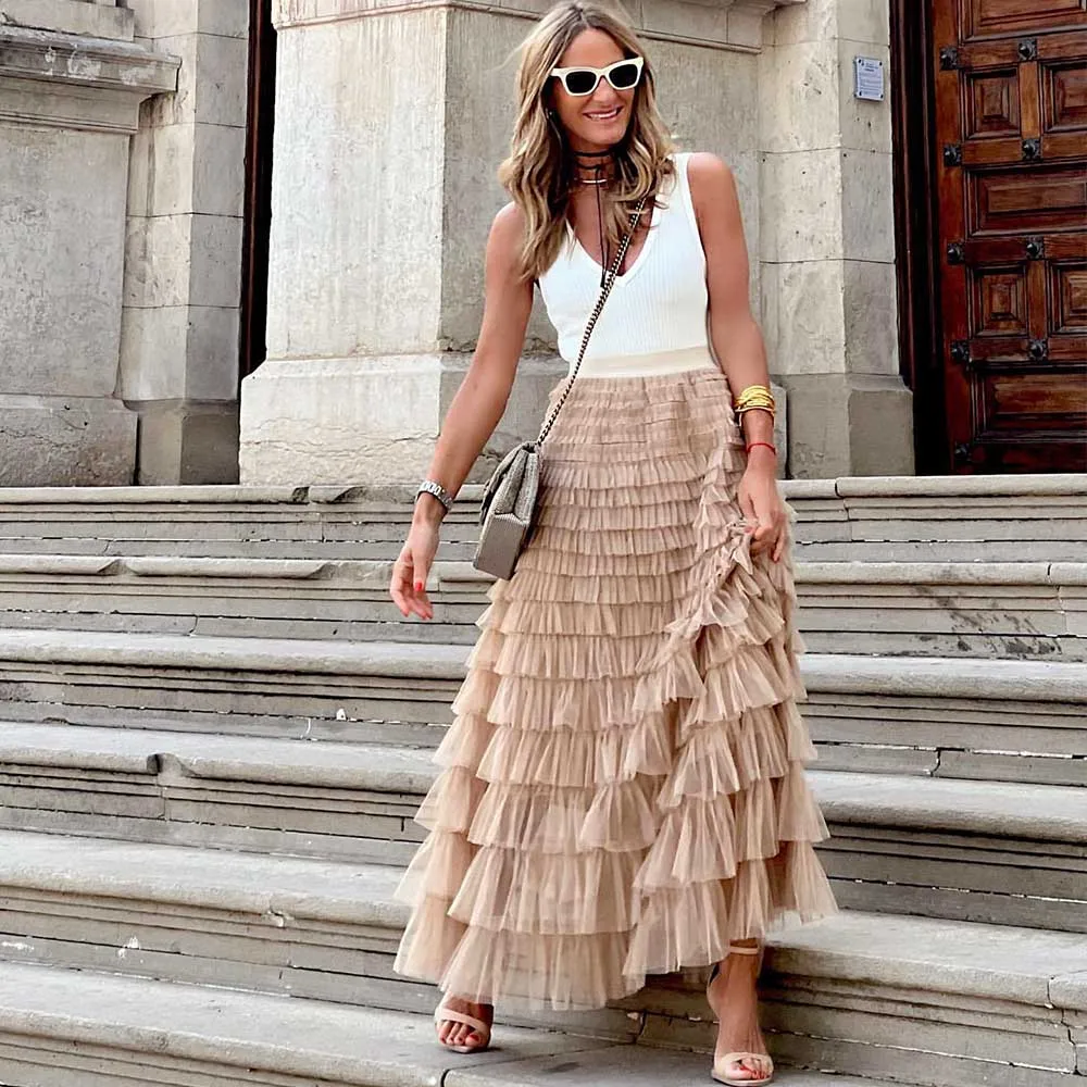 Heidi-Mode | Lässig Damen Solide Ballkleid Lange Rock Tüll Hohe Taille Plissierte Tutu Rock Elegante Damen Wildes Netz Dating Maxi Röcke Drop - Image 3