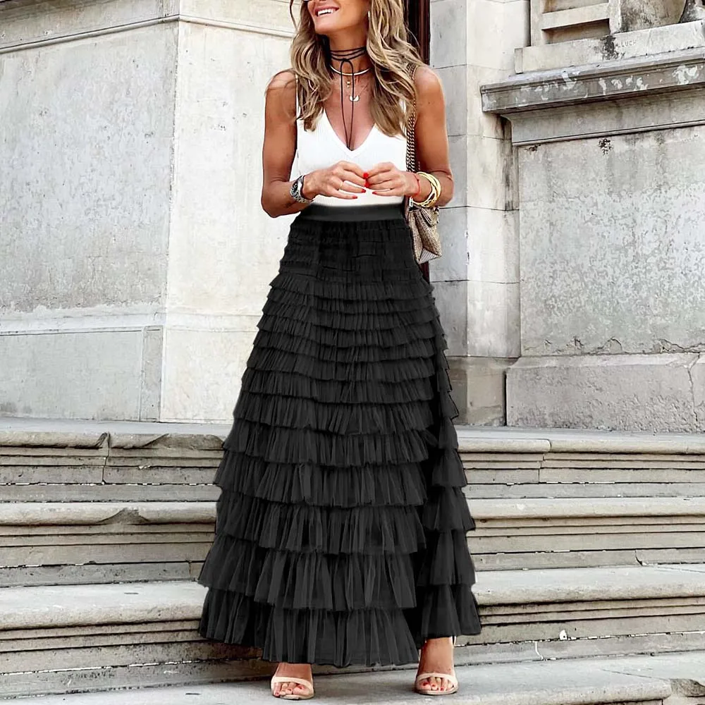 Heidi-Mode | Lässig Damen Solide Ballkleid Lange Rock Tüll Hohe Taille Plissierte Tutu Rock Elegante Damen Wildes Netz Dating Maxi Röcke Drop - Image 6