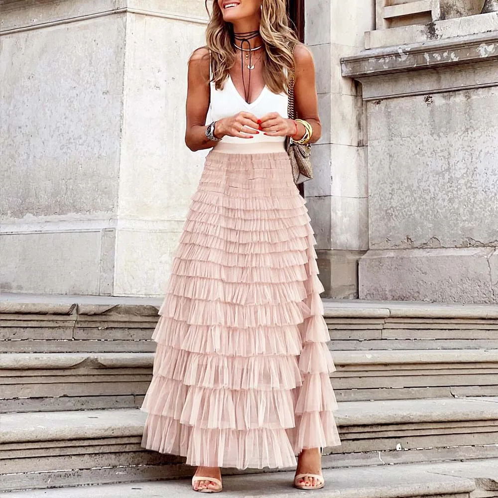 Heidi-Mode | Lässig Damen Solide Ballkleid Lange Rock Tüll Hohe Taille Plissierte Tutu Rock Elegante Damen Wildes Netz Dating Maxi Röcke Drop - Image 8