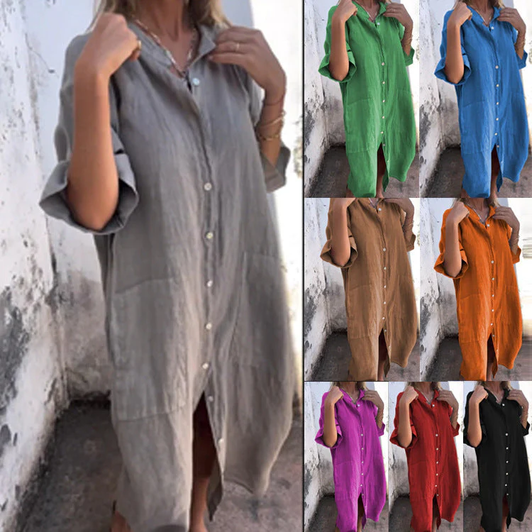 Heidi-Mode | Lockere Lässige Baumwolle-Leinen Hemdkleid mit Halben Ärmeln