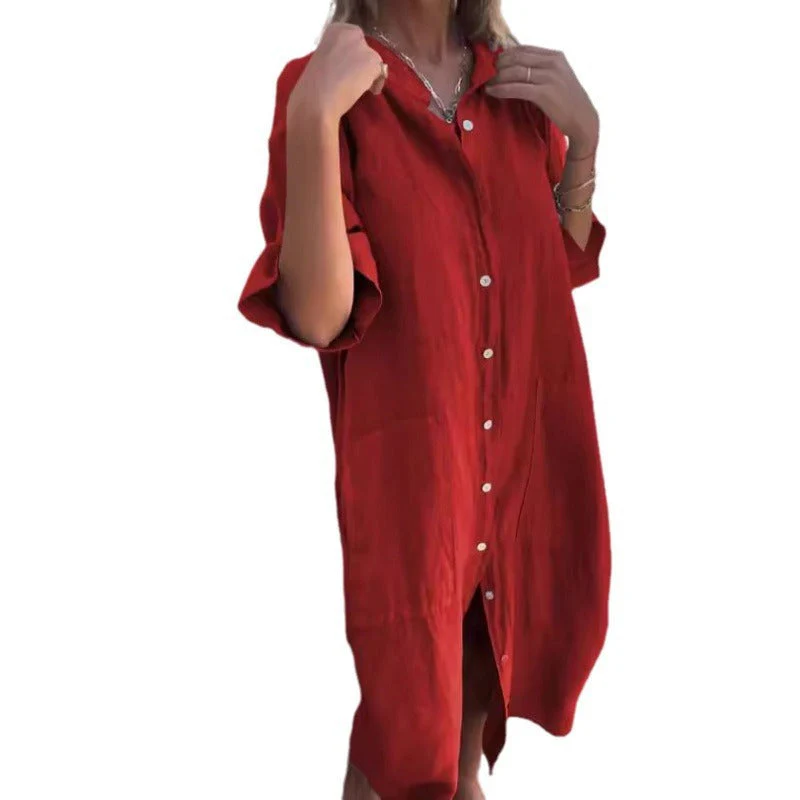 Heidi-Mode | Lockere Lässige Baumwolle-Leinen Hemdkleid mit Halben Ärmeln - Image 5