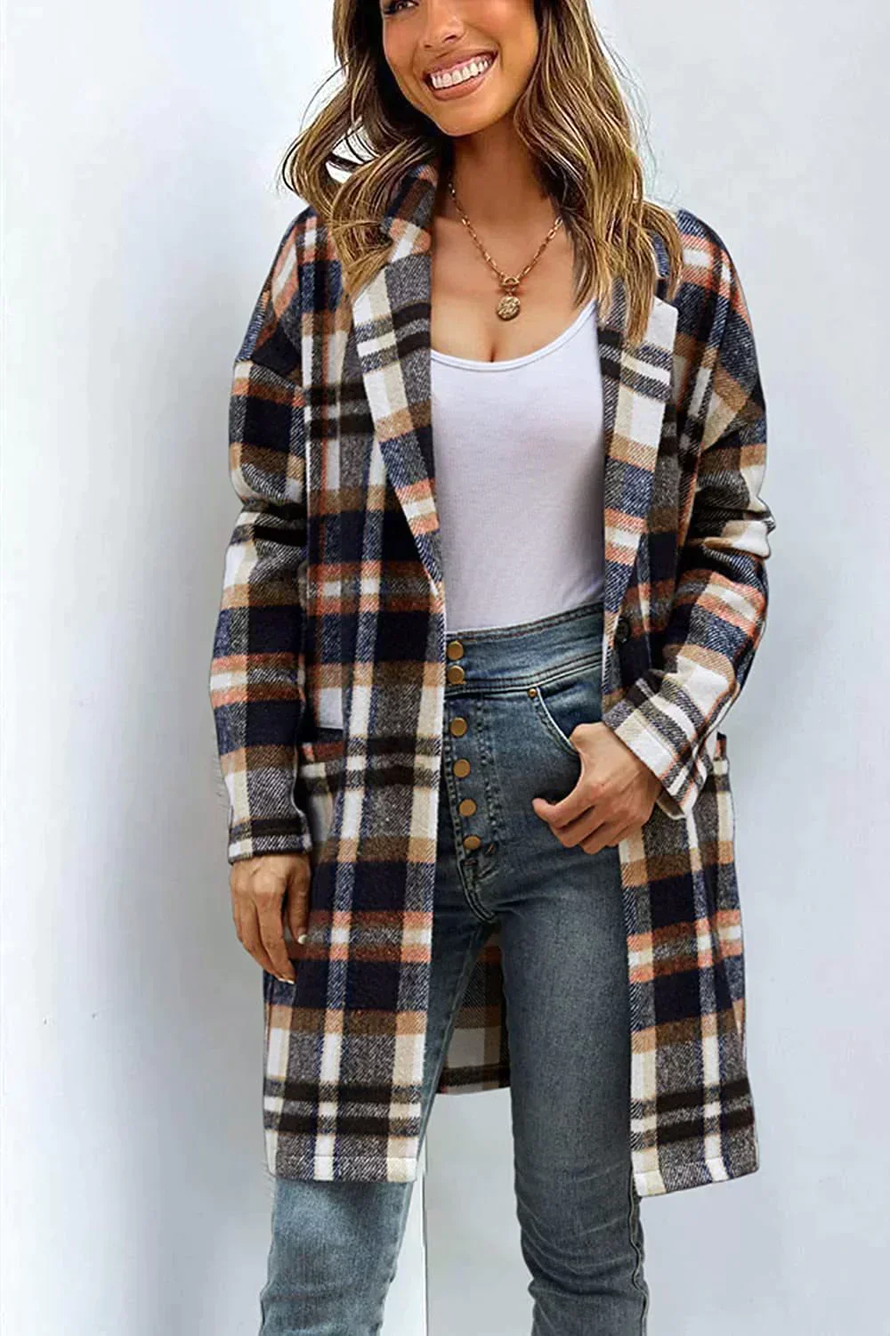 Heidi-Mode | Lässiger Wollmantel mit Revers-Taschen und Karomuster für Damen Stilvoll und Bequem