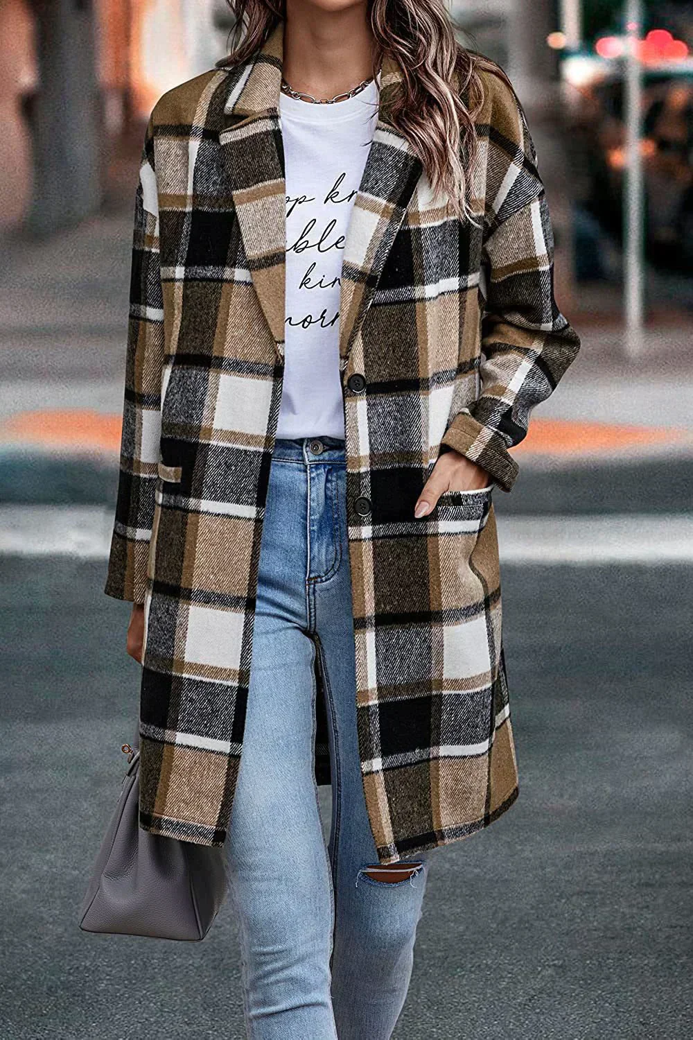 Heidi-Mode | Lässiger Wollmantel mit Revers-Taschen und Karomuster für Damen Stilvoll und Bequem - Image 2