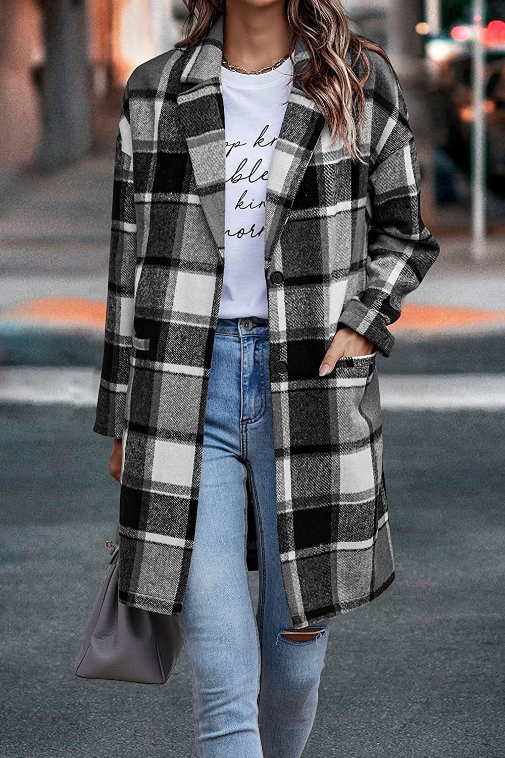Heidi-Mode | Lässiger Wollmantel mit Revers-Taschen und Karomuster für Damen Stilvoll und Bequem - Image 3