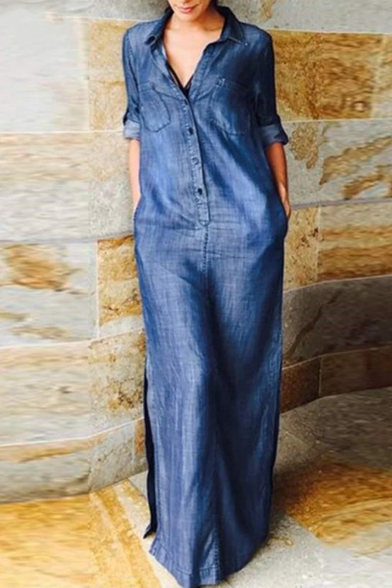 Heidi-Mode | Lässig Einfarbig Tasche Umgeschlagen Kragen Lange Ärmel Regulär Denim Kleider - 3 Farben - Image 3