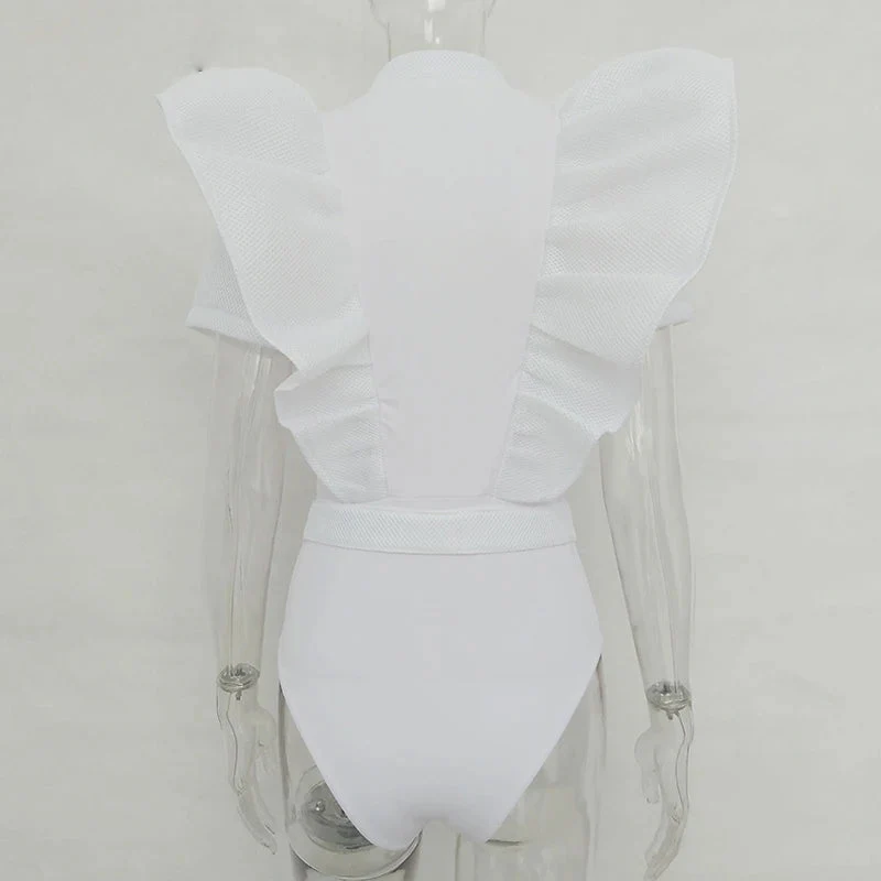 Heidi-Mode | Freizeit Schwarzes Rüschenschnitt Ausschnitt Kurzarm Frauen Bodysuit Top - Image 10