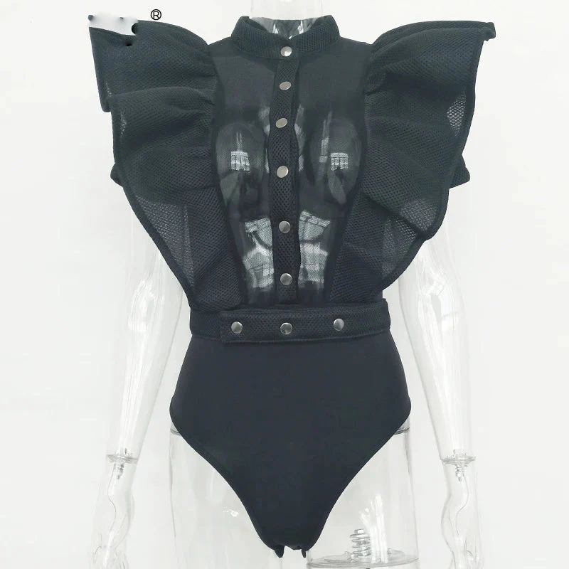 Heidi-Mode | Freizeit Schwarzes Rüschenschnitt Ausschnitt Kurzarm Frauen Bodysuit Top - Image 4