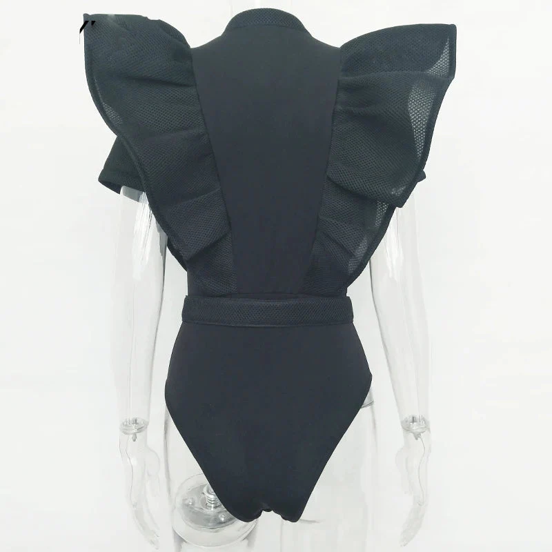 Heidi-Mode | Freizeit Schwarzes Rüschenschnitt Ausschnitt Kurzarm Frauen Bodysuit Top - Image 7
