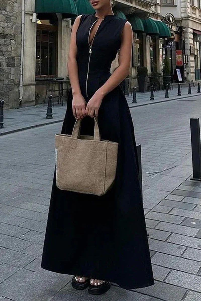 Heidi-Mode | Lässige Straßen-Taschen-Reißverschluss O-Ausschnitt Lange Kleider - 3 Farben - Image 10
