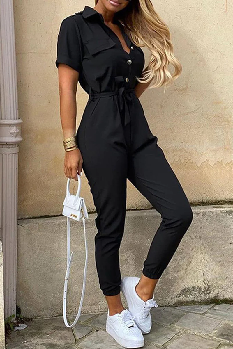 Heidi-Mode | Lässige Tägliche Einfarbige Frenulum mit Gürtel Umlegekragen Reguläre Jumpsuits