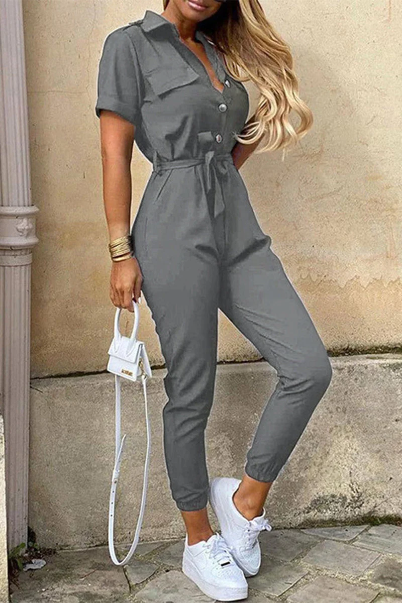 Heidi-Mode | Lässige Tägliche Einfarbige Frenulum mit Gürtel Umlegekragen Reguläre Jumpsuits - Image 3
