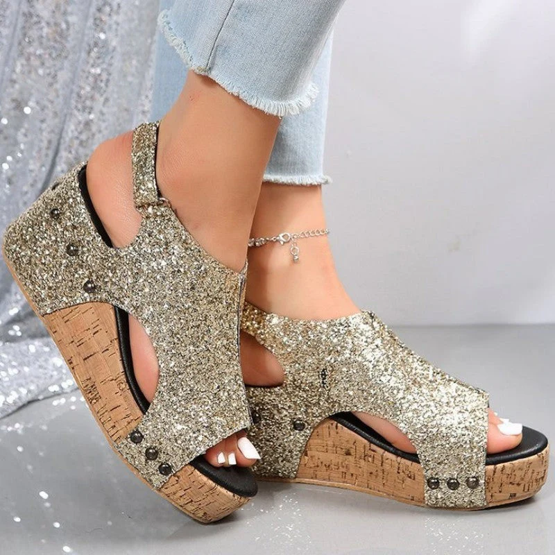 Heidi-Mode | Lässige Ausgehöhlte Pailletten Patchwork Fischmund Outdoor Wedges Schuhe - Image 3
