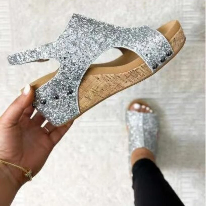 Heidi-Mode | Lässige Ausgehöhlte Pailletten Patchwork Fischmund Outdoor Wedges Schuhe - Image 6