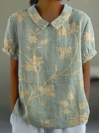 Heidi-Mode | Lässige Damenbluse mit Retro Blumenmuster Aus Baumwolle und Leinen