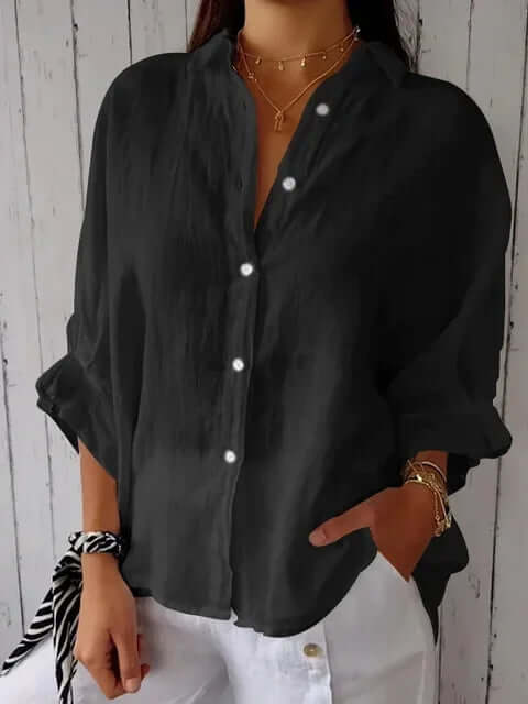 Heidi-Mode | Lässiges Shirt mit Schlaufenverschluss Aus Baumwolle und Leinen für Frauen - Image 5