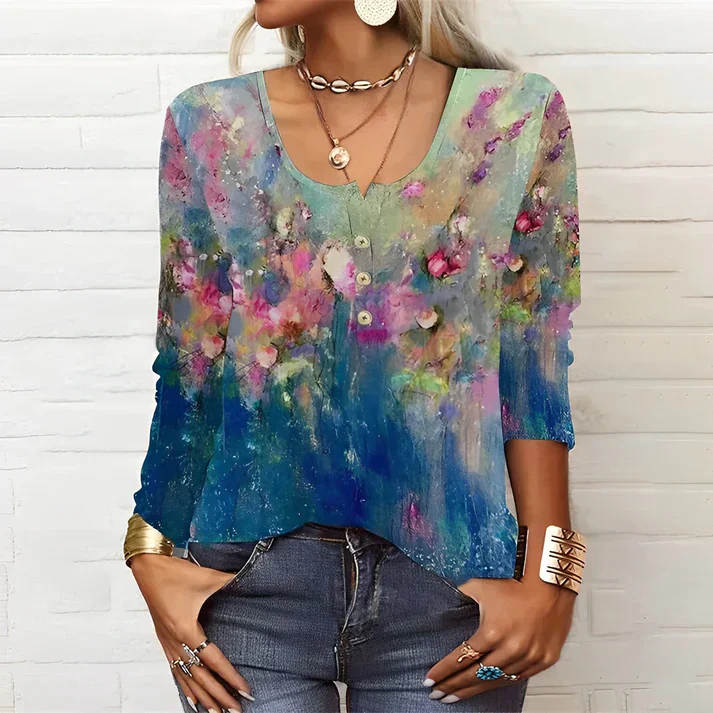 Heidi-Mode | T-Shirt mit Langen Ärmeln und Blumenprint mit Rundhalsausschnitt und Langen Ärmeln - Image 2