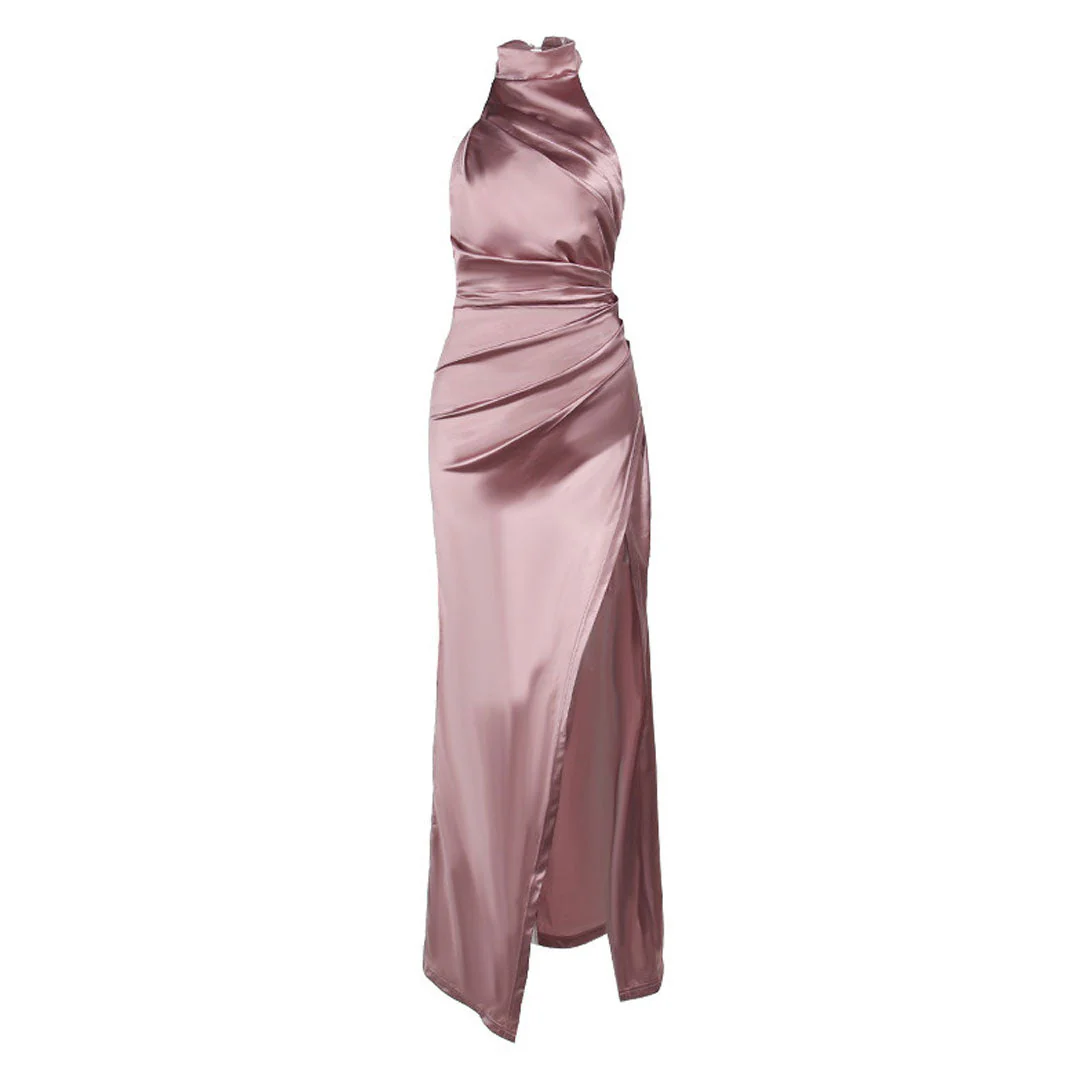 Heidi-Mode | Luxuriöses Hoher Hals Halter Raffung Seite Schlitz Satin Maxikleid Abendkleid - Image 2
