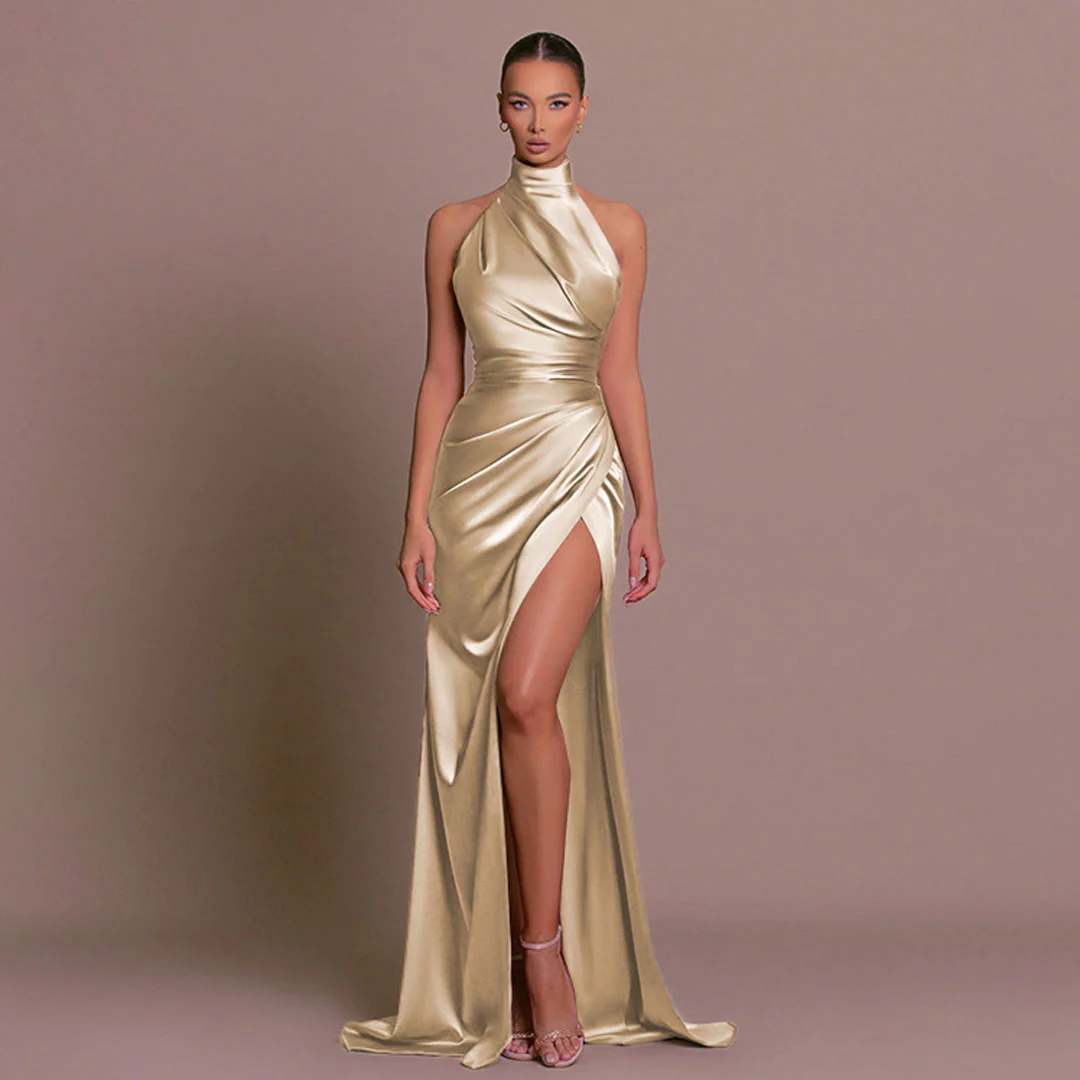 Heidi-Mode | Luxuriöses Hoher Hals Halter Raffung Seite Schlitz Satin Maxikleid Abendkleid - Image 4