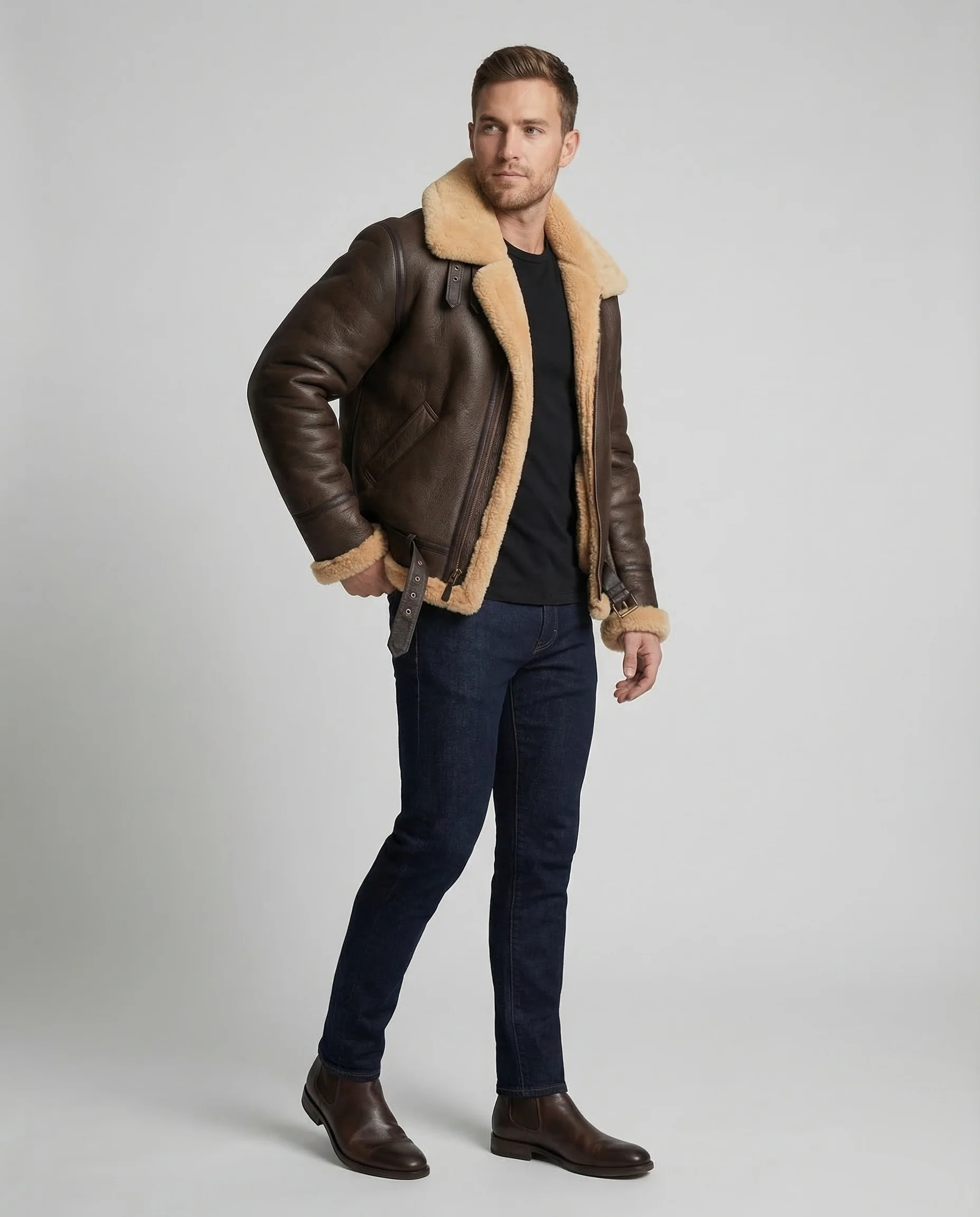 Herren Aviator-Pilotenjacke aus Kunstleder mit breitem Kragen & Reißverschluss | Heidi-Mode