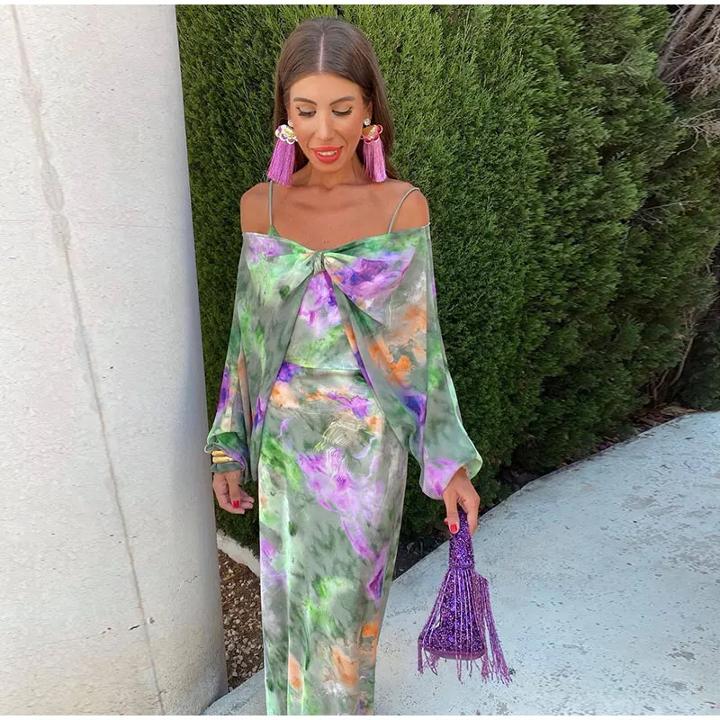 Heidi-Mode | Maxi Kleid Bunt und Sexy mit Halo-Färbung und Abnehmbarer Schleife