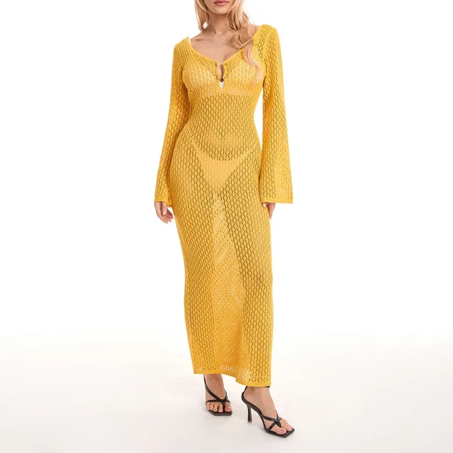 Heidi-Mode | Maxi Strickkleid Häkeltextur V-Ausschnitt Lange Ärmel Fließender Boho Stil - Image 10