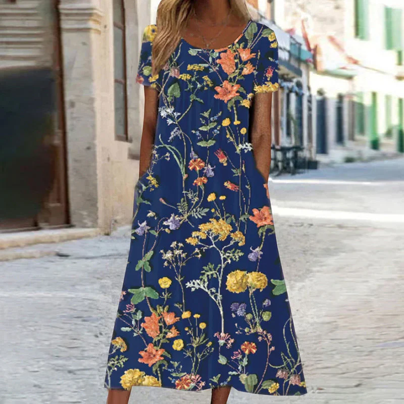 Heidi-Mode | Maxikleid Im Bohemian-Stil mit Blumenmuster und Taschen Kurzärmliges Maxikleid mit Blumenmuster Im Boho-Chic-Stil für Damen - Image 5