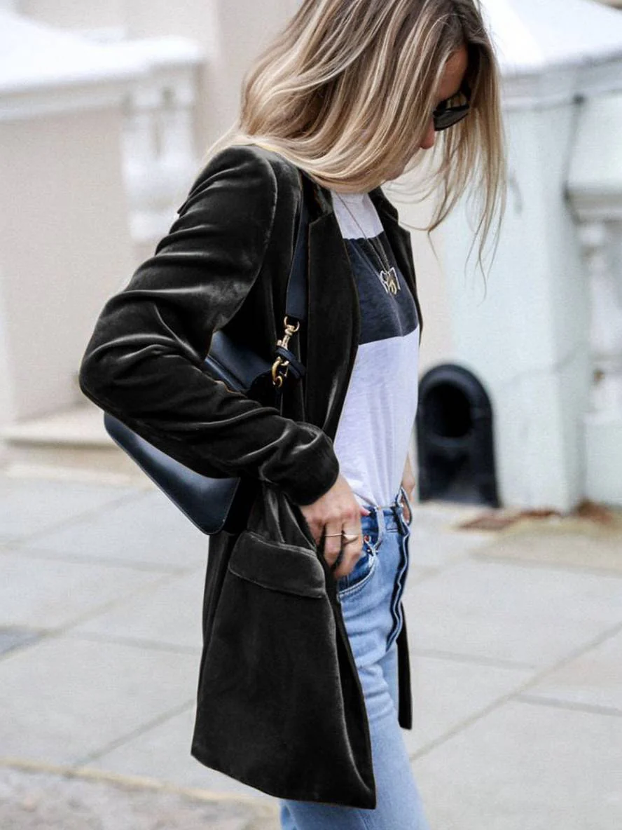 Heidi-Mode | Mittel-Lang Samt Blazer Knöpfe Taschen Lange Ärmel Damen Elegante Mode Jacke - Image 2
