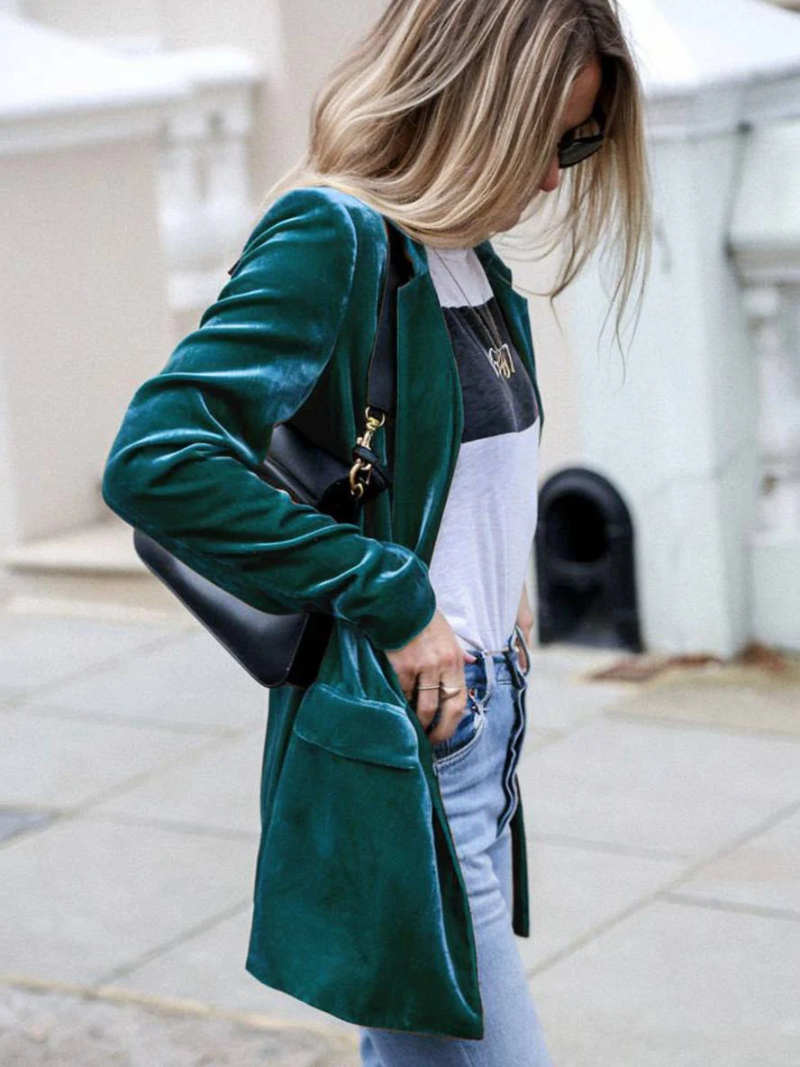 Heidi-Mode | Mittel-Lang Samt Blazer Knöpfe Taschen Lange Ärmel Damen Elegante Mode Jacke - Image 3