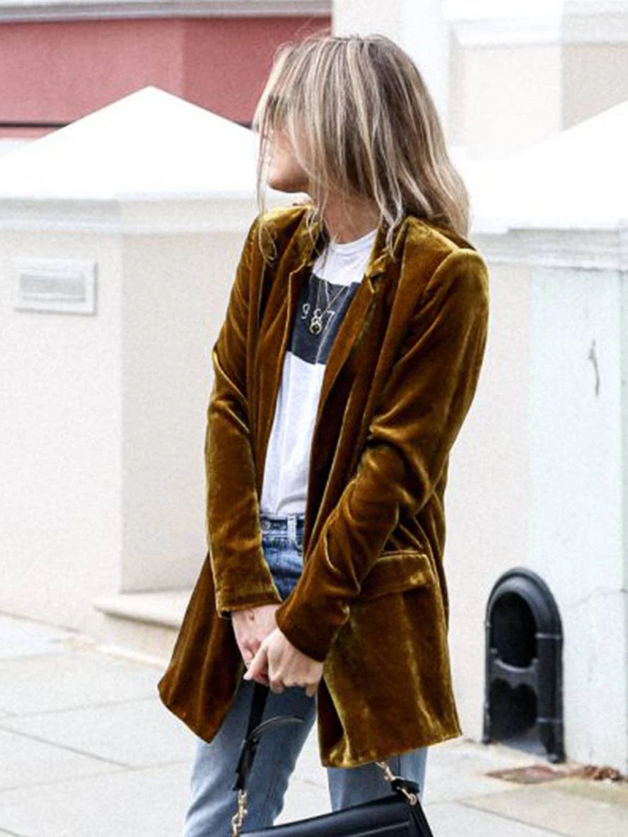 Heidi-Mode | Mittel-Lang Samt Blazer Knöpfe Taschen Lange Ärmel Damen Elegante Mode Jacke - Image 4
