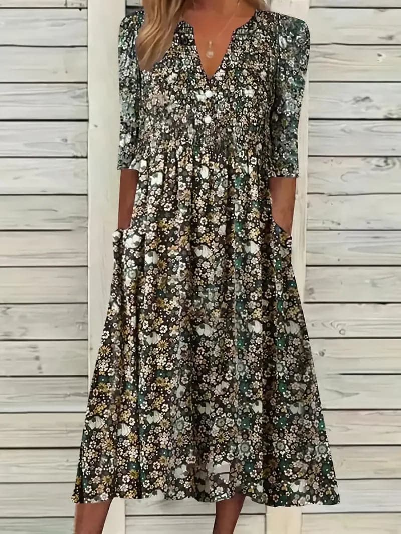 Heidi-Mode | Midikleid A-Linie Passform V-Ausschnitt 3/4 Ärmel Blumenmuster - Image 3
