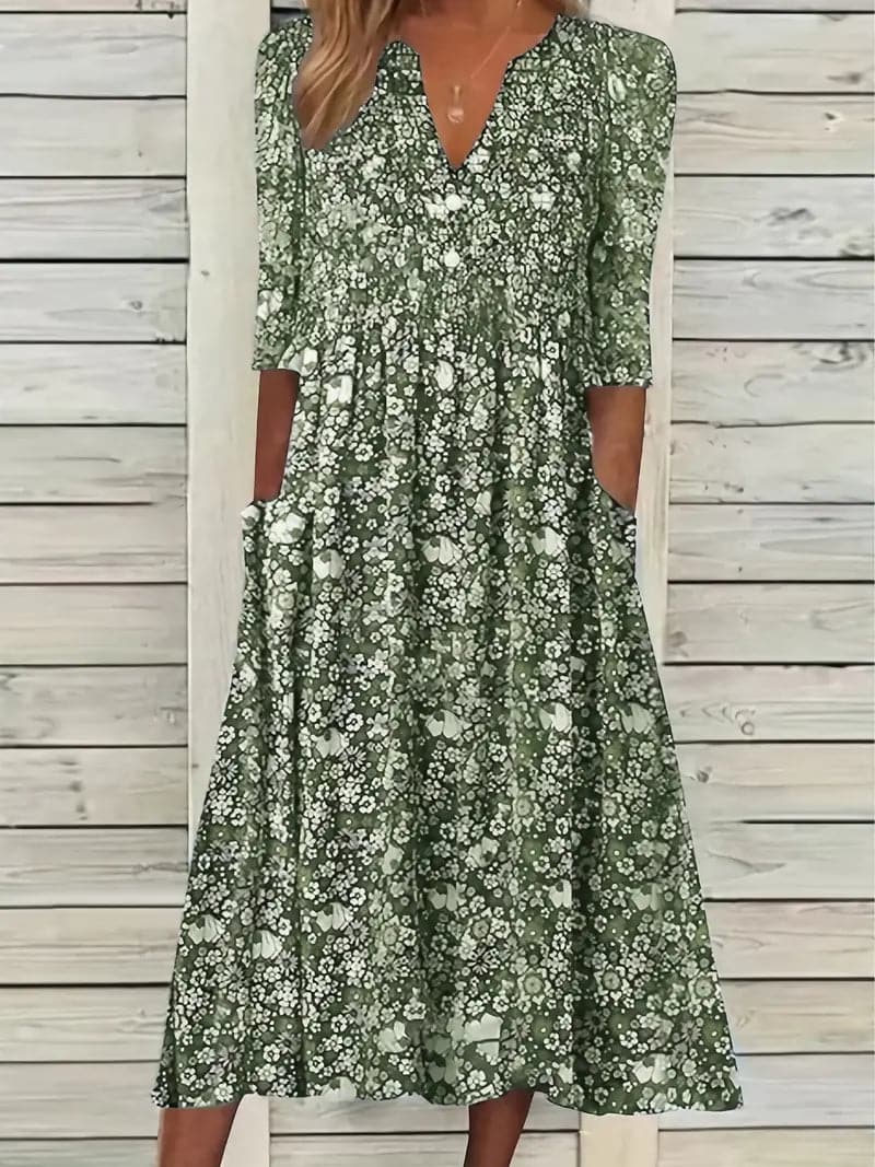 Heidi-Mode | Midikleid A-Linie Passform V-Ausschnitt 3/4 Ärmel Blumenmuster - Image 5