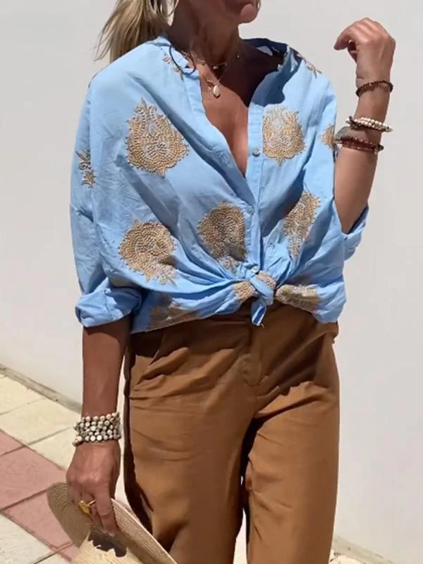 Heidi-Mode | mit Knopfleiste Boho Stil Lockere Passform Langarm Shirt Damen Leinenhemd - Image 3