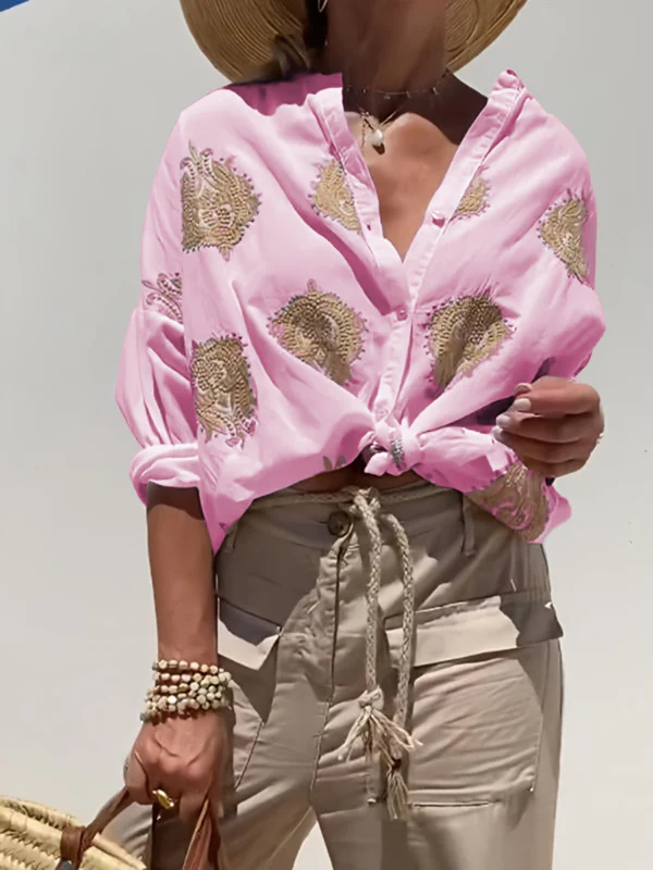 Heidi-Mode | mit Knopfleiste Boho Stil Lockere Passform Langarm Shirt Damen Leinenhemd - Image 7