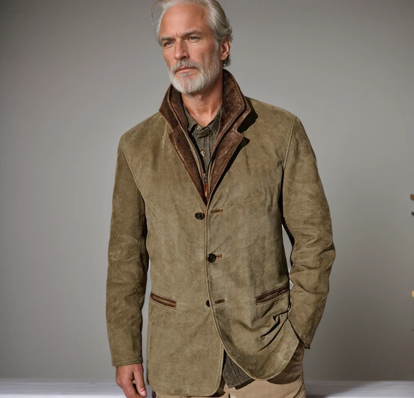 Heidi-Mode | Herren Wildlederjacke mit Lederbesatz - Reverskragen-Design