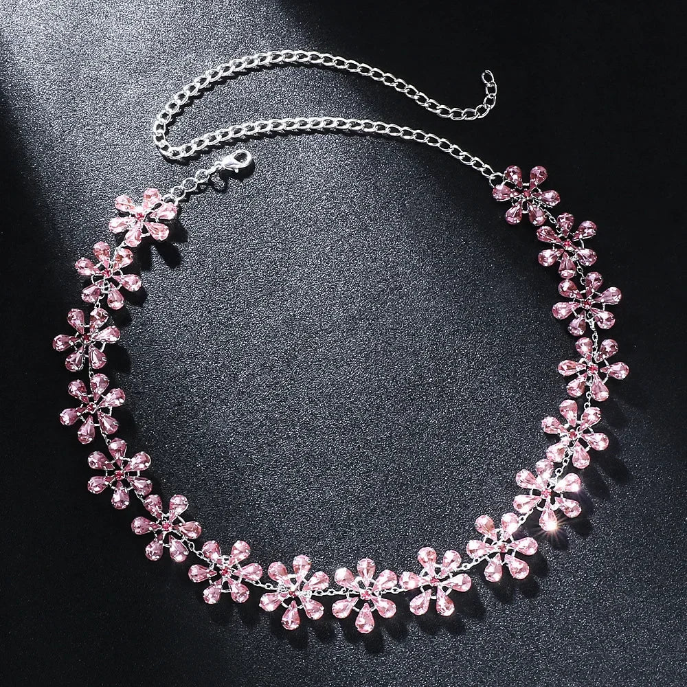 Heidi-Mode | Mode Pink Crystal Flowers Choker Necklace Statement Accessories Mode Frauen Rhinestone Collar Necklace Schlüsselbein Schmuck Ins